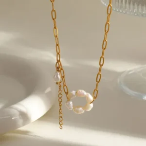 Romantic Design Stainless Steel 18K Gold Plated Natural Pearl chain